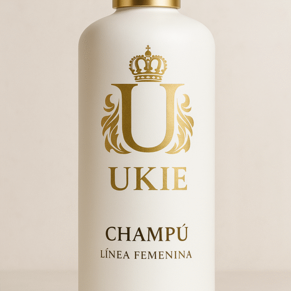Botella de Ukie Shampoo 1000ml Línea Femenina, envase blanco con tapa dorada.
