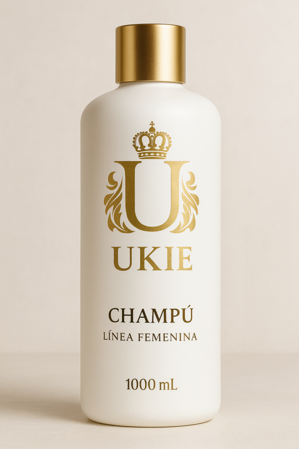 Botella de Ukie Shampoo 1000ml Línea Femenina, envase blanco con tapa dorada.